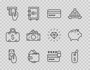 Set line Fast payments, Price tag with dollar, Credit card, Wallet money, inserted, Stacks paper cash, lock and Piggy bank icon. Vector