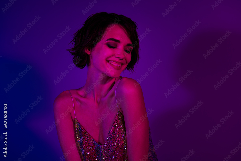 Poster photo of adorable nice lady enjoy vogue party in nightclub on xmas holiday isolated neon color backg