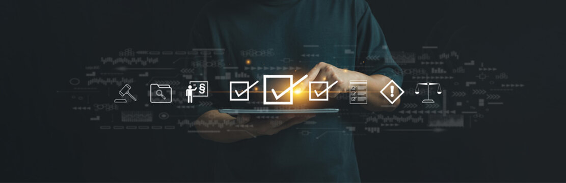 Step the future of compliance & tech with virtual screen concept. Businessman navigating innovation for corporate presentations, showcasing a vision of success. Embrace  synergy of modern regulations.
