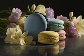 Colorful macarons cakes. flowers.