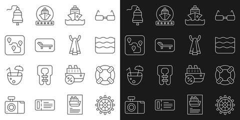 Set line Ship steering wheel, Lifebuoy, Wave, Cruise ship, Sunbed and umbrella, Route location, bell and Towel hanger icon. Vector