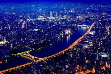 東京都、東京スカイツリーからの眺め（桜橋方面）