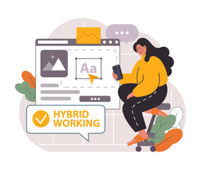 Hybrid work. Characters with a flexible schedule, working from office