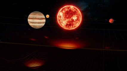 Gravity wireframe simulation in cosmos. Theory of Relativity in the Solar System. 3d animation of gravity force field grid of sun and orbiting planets. Camera tracking sideways Jupiter in foreground .