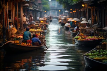Fototapeta na wymiar Bustling Indonesian Floating Market, Generative AI