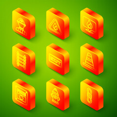 Set line Firefighter, flame in triangle, Location with fire, escape, exit, Traffic cone, alarm system and hydrant icon. Vector