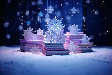 Trendy winter holidays background with books in vibrant gradient holographic neon colors. Flat lay. Education, knowledge, Holiday book sale or Black Friday concept. Generative AI.