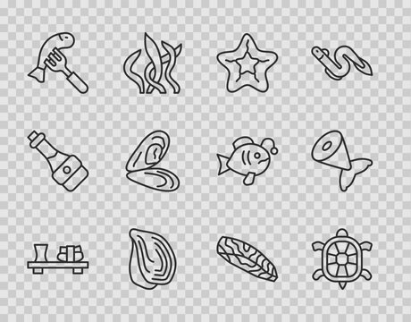 Set line Sushi on cutting board, Turtle, Starfish, Mussel, Served plate, Fish steak and tail icon. Vector