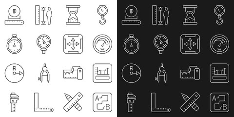 Set line Route location, Graph, schedule, chart, diagram, Speedometer, Old hourglass with sand, Pressure water, Stopwatch, Diameter and Area measurement icon. Vector