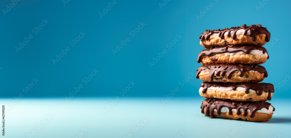 Poster stack of eclairs isolated on vivid background with a copy space, creative concept