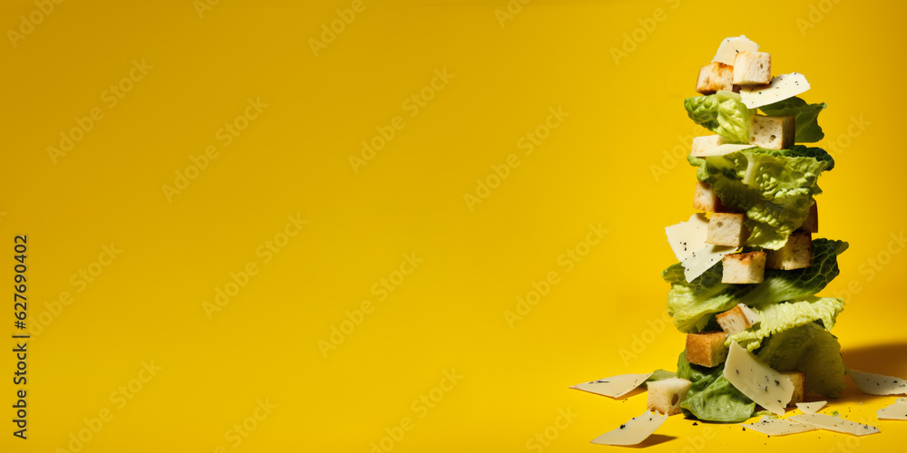 Poster stack of balancing caesar salad isolated on vivid background with a copy space, creative concept