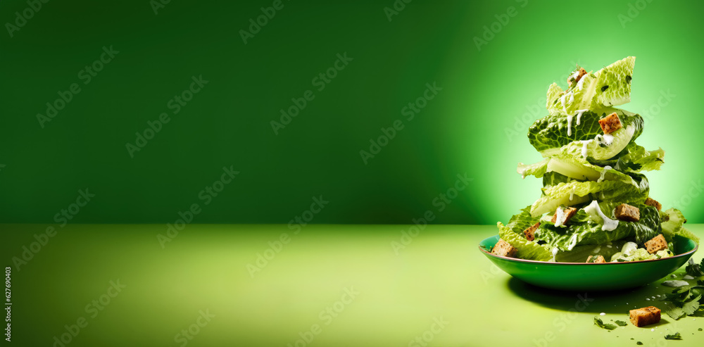 Poster stack of balancing caesar salad isolated on vivid background with a copy space, creative concept