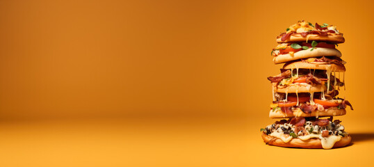 Stack of pizza isolated on vivid background with a copy space, creative concept