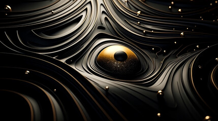 Incredible fantasy black and gold background. Balls, circles, golden drops. The texture of stucco, a wall with curves and inversions of black plastic, and mirror surfaces. AI generation