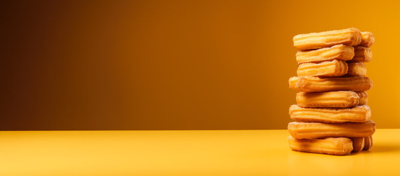 Stack of churros isolated on vivid background with a copy space, creative concept