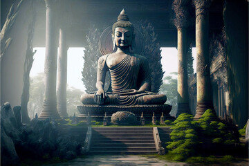Buddha statue on an unusual background. The religion of many peoples of the world.