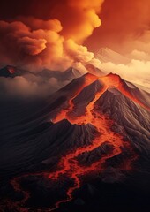 Fototapeta premium Active vulcano outbreak lava in big shaped mountains, fog all around, close up on lava.