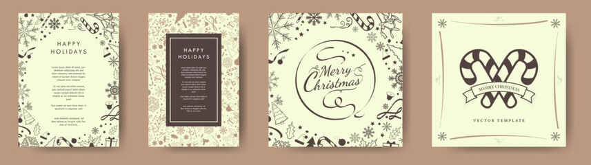 Set of Christmas Greeting cards, posters, A4 Letter Template in Earth tone color palettes. Monochromatic Christmas Backgrounds with elegant Christmas elements. Editable Vector Illustration. EPS 10.