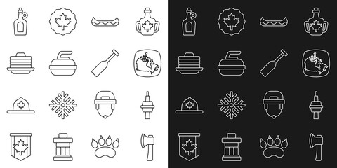 Set line Wooden axe, TV CN Tower in Toronto, Canada map, Kayak, Stone for curling, Stack of pancakes, Bottle maple syrup and Paddle icon. Vector