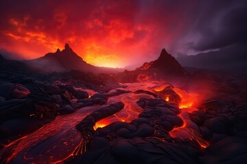 Active vulcano outbreak lava in big shaped mountains, fog all around, close up on lava.