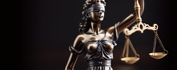 Bronze statue of Themis, Goddess of Justice holding Law Scales. Copy space