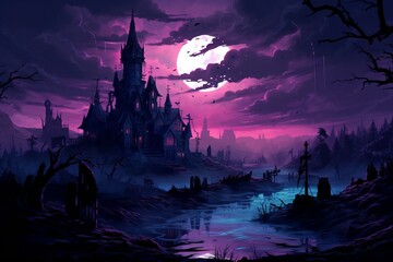 Naklejka premium Synthwave gothic village at medieval times. Beautiful illustration picture. Generative AI