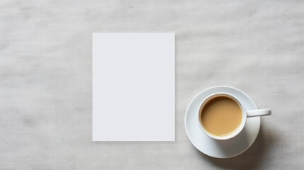 Obraz na płótnie Canvas Copy space mockup of a blank frame on a fancy table with a cup of coffee, top view