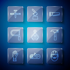 Set line Protective gloves, Wooden logs, Lumberjack, Hand saw, Grapple crane grabbed, Hacksaw, Metallic nail and Hammer icon. Vector
