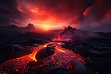 Fototapeta premium Active vulcano outbreak lava in big shaped mountains, fog all around, close up on lava.