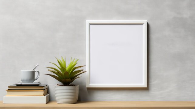 Copy space mockup of a blank frame on a wall with a small vase and a cup of coffee