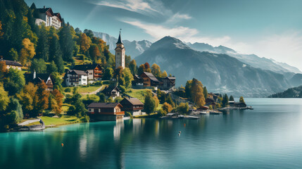 Idyllic Switzerland Village Panorama: High-Resolution Photo of Waterfall, Traditional Houses, Verdant Greenery, Blue Skies, and Majestic Mountains

