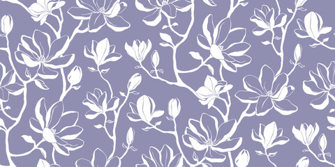 Elegant floral seamless pattern - branches with magnolia flowers. Repeat print with delicate petals. Simple line minimalism.