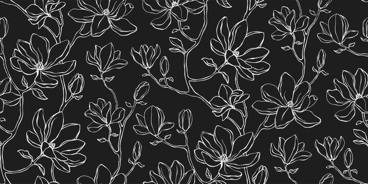 Elegant floral seamless pattern - branches with magnolia flowers. Black and white repeat print with delicate petals. Simple line minimalism.