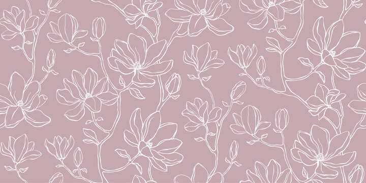 Elegant floral seamless pattern - branches with magnolia flowers. Repeat print with delicate petals. Simple line minimalism.