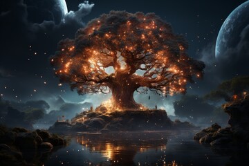 Tree of life at night. Beautiful illustration picture. Generative AI