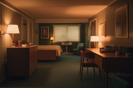 Retro hotel room with vintage decor and interior.