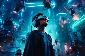 Obraz premium Virtual reality technology, futuristic concept. Beautiful illustration picture. Generative AI
