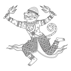 Line art vector of Hanuman or Anjaneya Hindu god characters in Ramayana Mahabharata or Ramakien in Thailand famous epic holding  trident weapon in Thai style art drama 