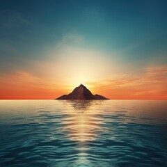 Fototapeta premium Beautiful fantasy sunset over the ocean. silhouette of island. The sky is getting dark. generative ai