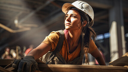 a young woman worker  working confidently at a construction site, ai generative