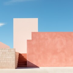 The pastel pink modern building style contrasts with the blue sky. minimalist abstracts background. generative ai