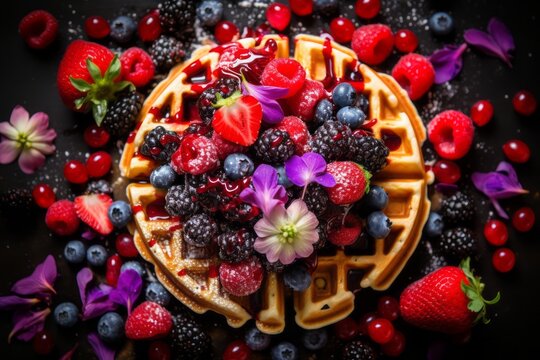 Waffle with ice cream and fresh berries. Beautiful illustration picture. Generative AI