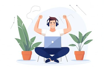 Happy young businessman. work from home with laptop. successful concept. Cartoon character Flat Vector illustration. generative ai