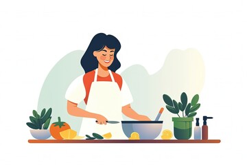 Obraz na płótnie Canvas Beautiful woman cooking on the kitchen. homemade cooking. Housewife is cooking. Vector illustration in cartoon style. generative ai