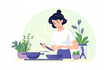 Illustration of housewife cooking in the kitchen. generative ai