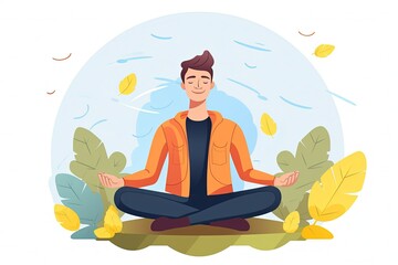 Young man meditating in nature. Illustration concept for yoga. Meditation. Relax. Mental health. generative ai
