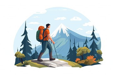 Fototapeta premium Hiker person hiking in mountain. Tourism on nature. tourism mountain. outdoor nature adventure. backpack walking. flat vector illustrations. generative ai
