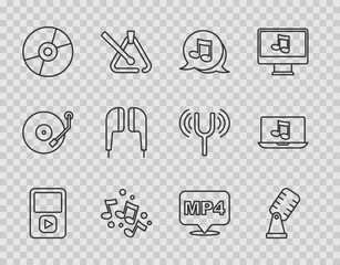 Set line Music player, Microphone, note, tone, Vinyl disk, Air headphones, MP4 file document and Laptop with music icon. Vector