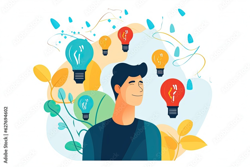 Poster man thinking. light bulb icon mark. creativity. problem solving. ideas. generative ai