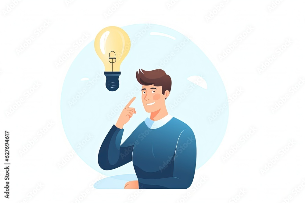Poster man thinking. light bulb icon mark. creativity. problem solving. ideas. generative ai